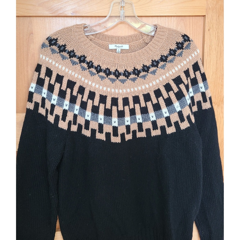 Madewell Wool Blend Fair‎ Isle Scandinavian Sweater MEDIUM Scandi Black Tan M - Picture 3 of 7